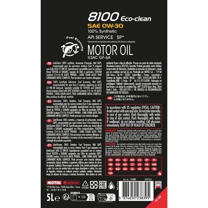 Aceite MOTUL 8100 ECO-CLEAN C2 0W30 5L (lata) - Aceite para automóviles