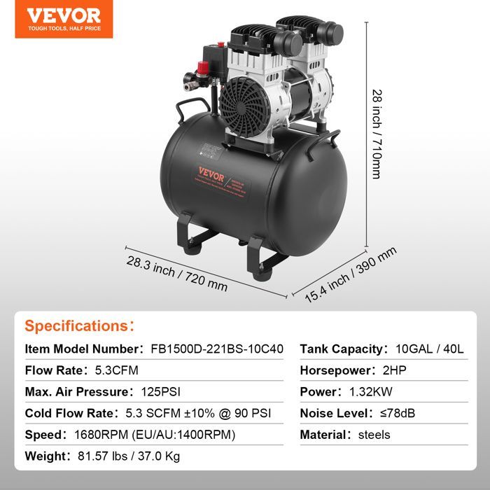 Compresor de aire sin aceite VEVOR - Tanque de acero de 40 L - 1,25 kW - para reparación de automóviles, inflado de neumáticos y pintura en aerosol