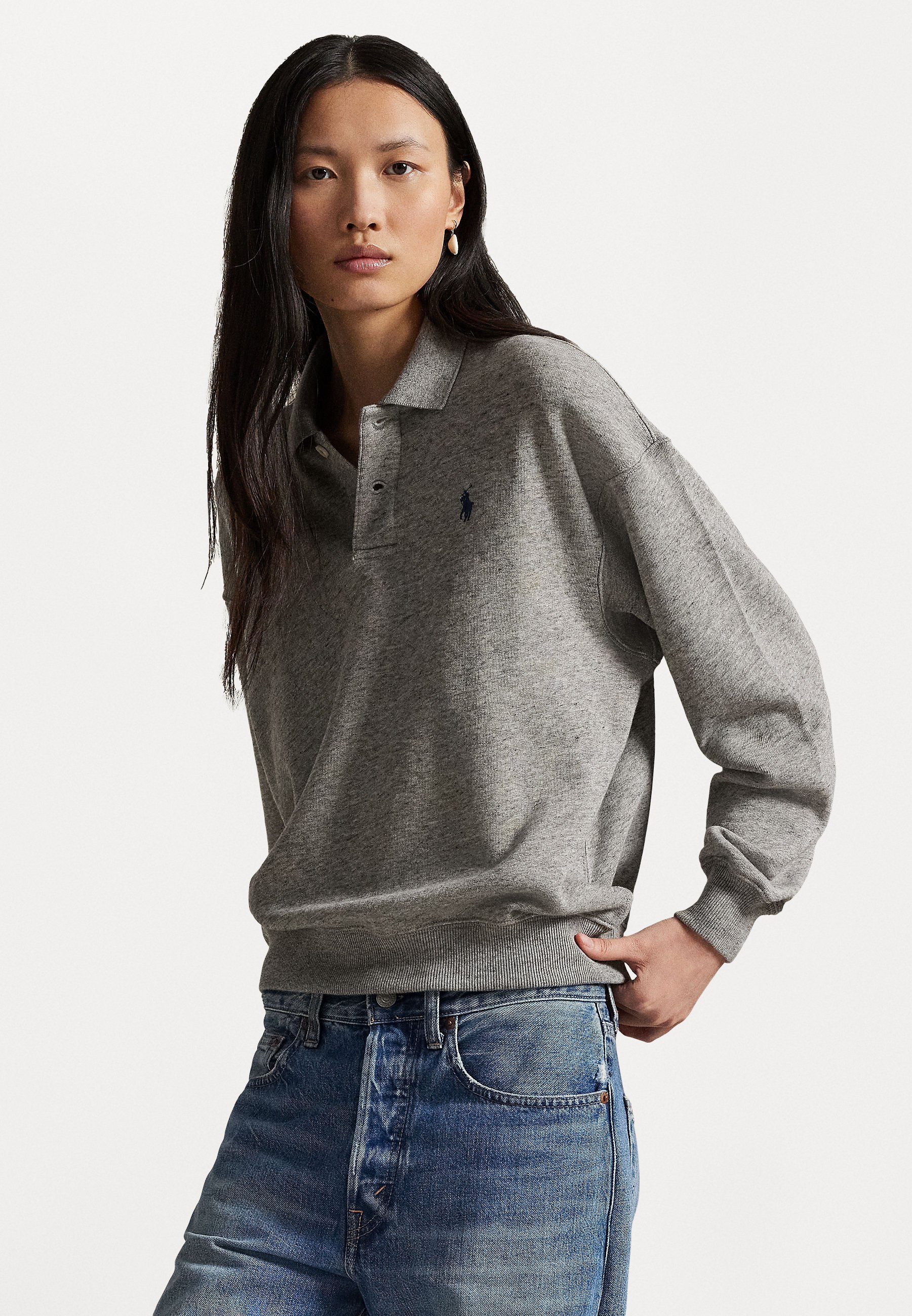 Polo Ralph Lauren LEICHTES FLEECE-LANGARM-POLOSHIRT - Langärmliges Oberteil - Dunkelgrau-Vintage-Melange