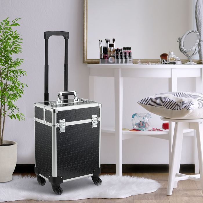 Maletín de maquillaje con ruedas - HOMCOM - neceser cosmético con asa telescópica ajustable - aluminio - 34x24x52cm - negro