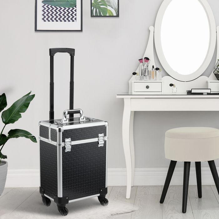 Maletín de maquillaje con ruedas - HOMCOM - neceser cosmético con asa telescópica ajustable - aluminio - 34x24x52cm - negro