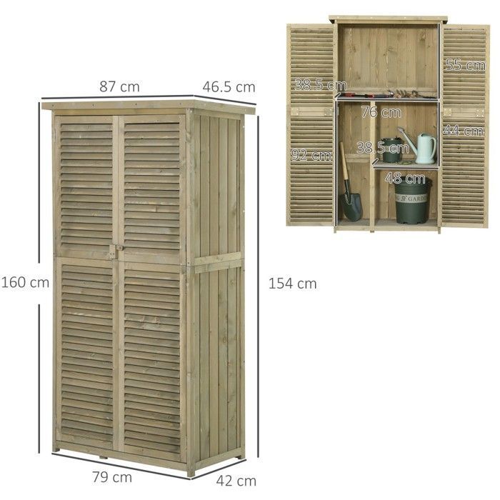 Abri Jardin - Chalet Abri jardin armoire outils bois toit asphalte 4 compartiments porte persiennes gris 87x46,5x160cm