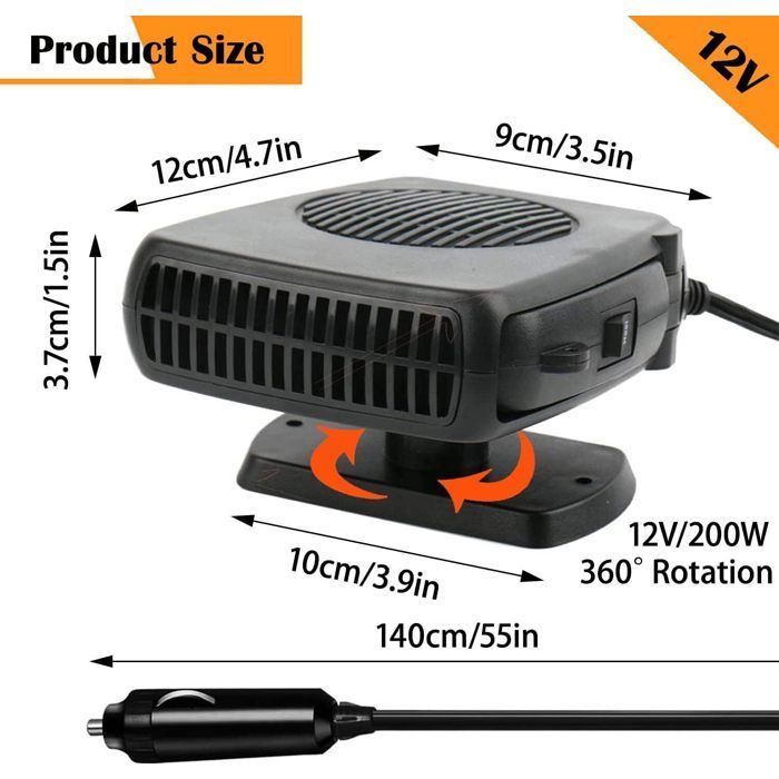 Calefactor y enfriador portátil 2 en 1 para coche: 12 V 200 W mediante encendedor de cigarrillos, descongelador rápido del parabrisas y deshumidificador para vehículos.
