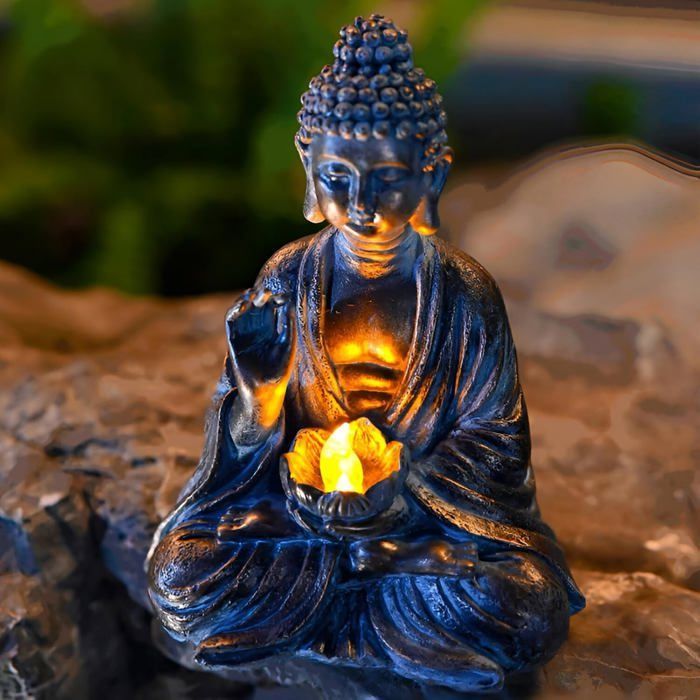 Buda de jardín con luces LED en forma de loto, estatua zen de resina, decoración para patio, terraza o alféizar de la ventana.