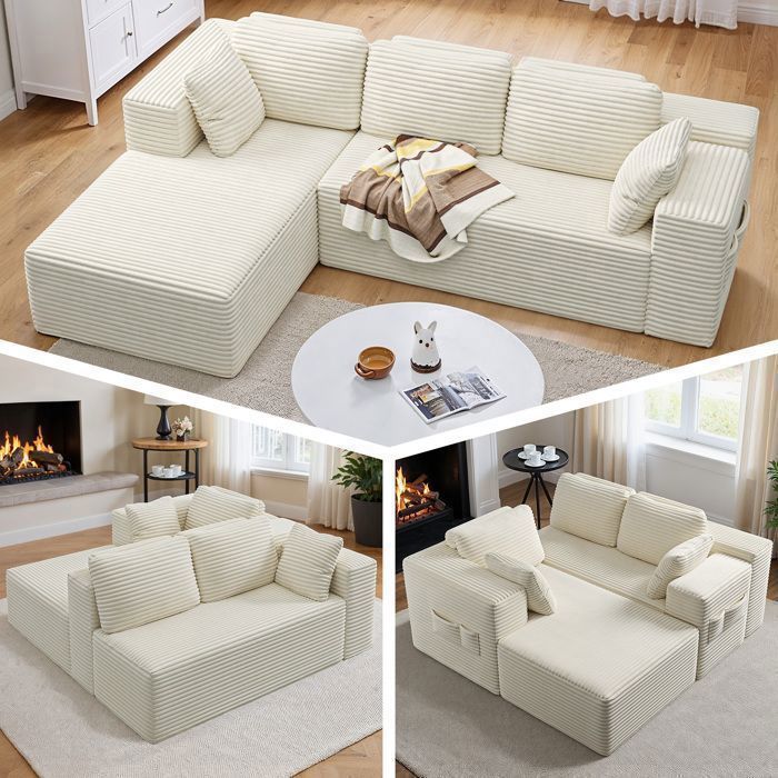 Canapé d'angle Réversible - Bealife - 4 Places - Canapé Convertible en L - Velours Côtelé - Scandinave -  Sans Montage - Beige