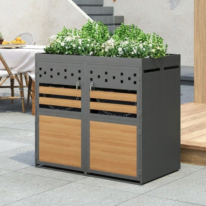 Doppelbehältergehäuse – LANGTU – Anthrazitfarbener Stahlunterstand – Gründach – Abschließbare Türen in Holzoptik – Modular