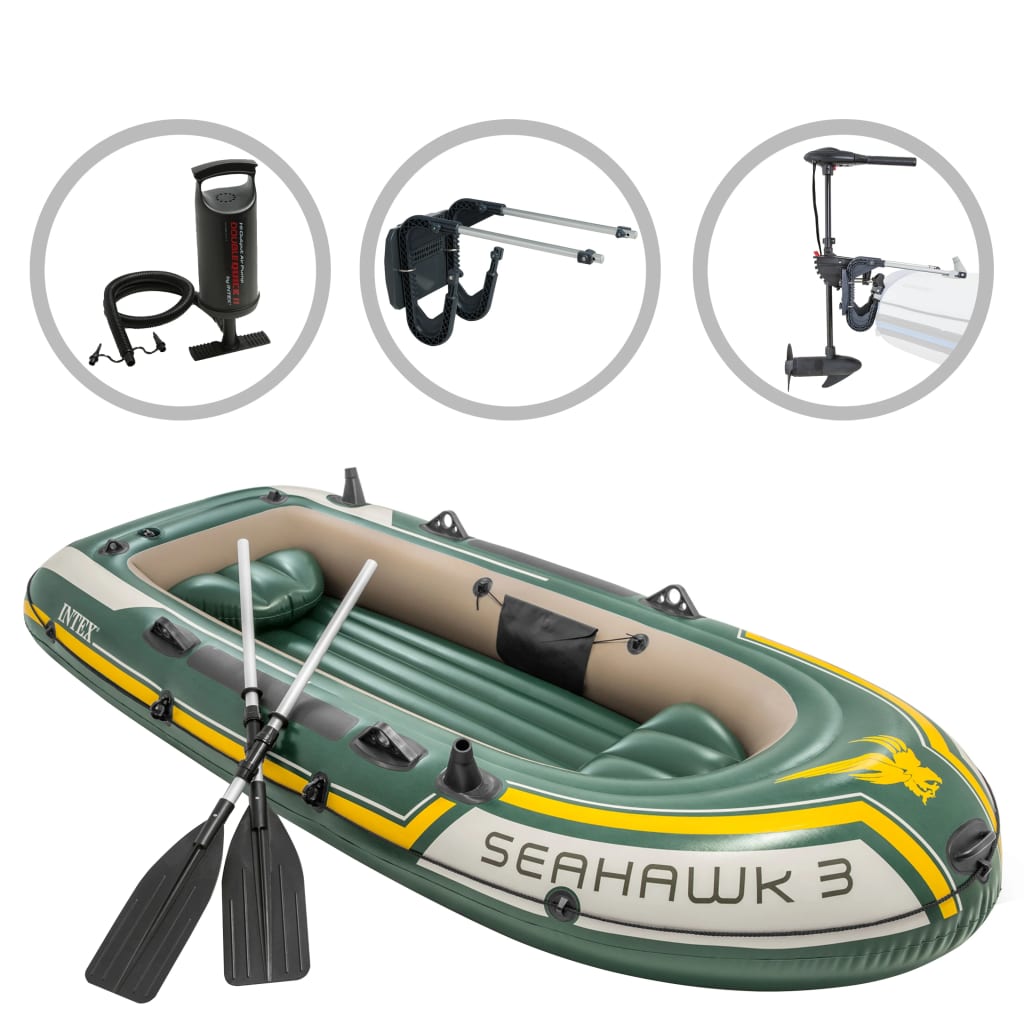  Intex Seahawk 3 oppustelig båd med trækmotor og stativ