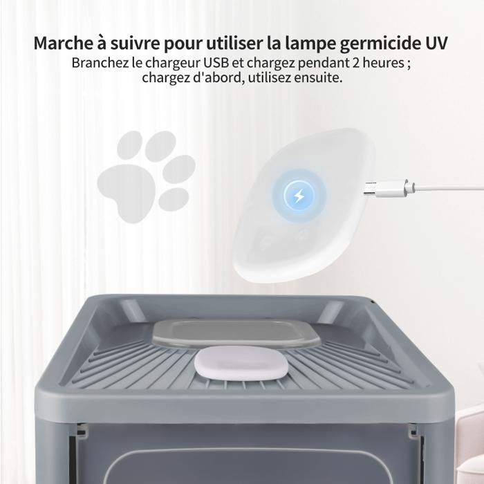 GRIS Bac à litière pliant pour chat avec Stérilisation par UV,  Bac à litière à tiroir avec pelle, Maison de Toilettes, 48x37x38cm