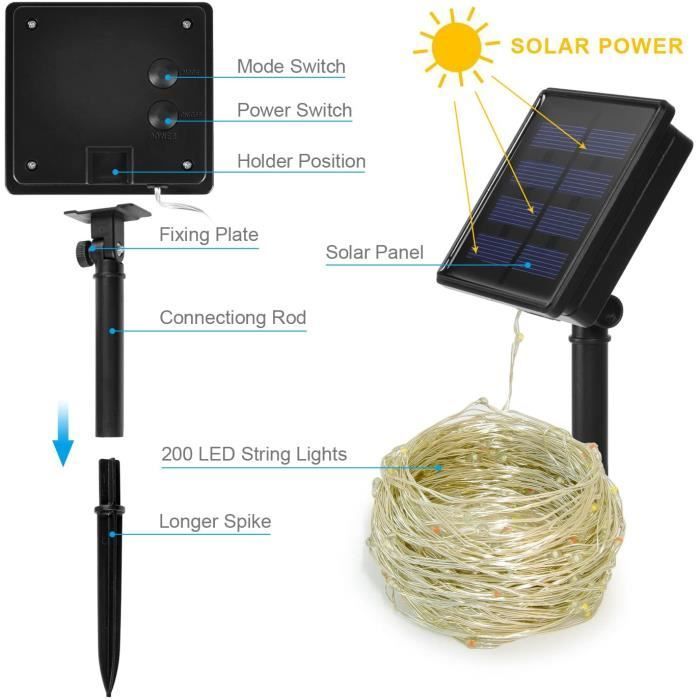 Guirnalda de luces solares - 200 LED - 8 modos - 22 m - Resistencia al agua IP65