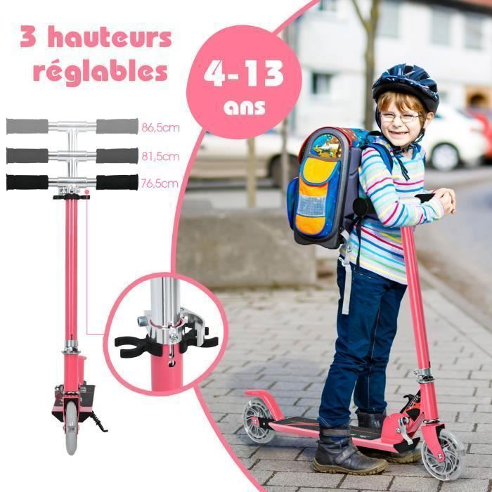 Patinete plegable COSTWAY para niños de 4 a 13 años - 2 ruedas de PU con luces LED intermitentes - 3 alturas ajustables - Capacidad de carga de 70 kg - Aluminio - Rosa