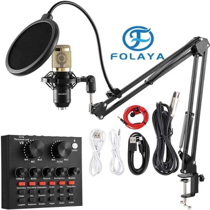 Microfono a condensatore FOLAYA con scheda audio V8, BM-800, per registrazione, podcasting, doppiaggio, streaming, home studio, (o