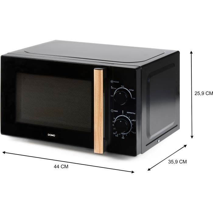 Horno microondas DOMO DO2820 - 20 L - 700 W - Temporizador de 35 minutos - Función de descongelación - 44 x 35,8 x 25,8 cm (ancho x profundidad x alto) - Acabado en madera negra