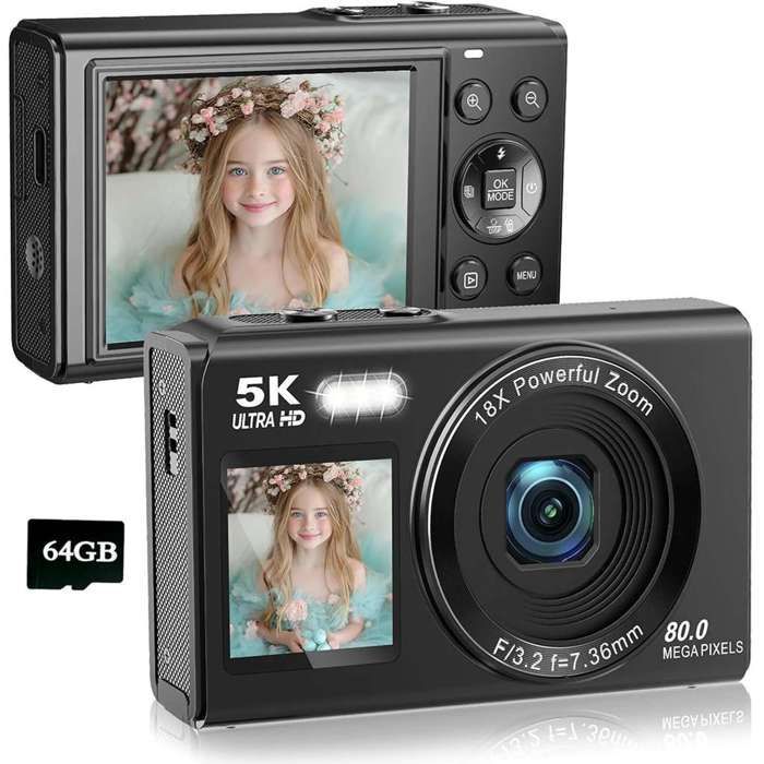 Cámara digital 5K Ultra HD de 80 MP - Pantalla dual para selfies - Zoom 18x - Wi-Fi integrado - Tarjeta de 64 GB incluida - Mini videocámara negra