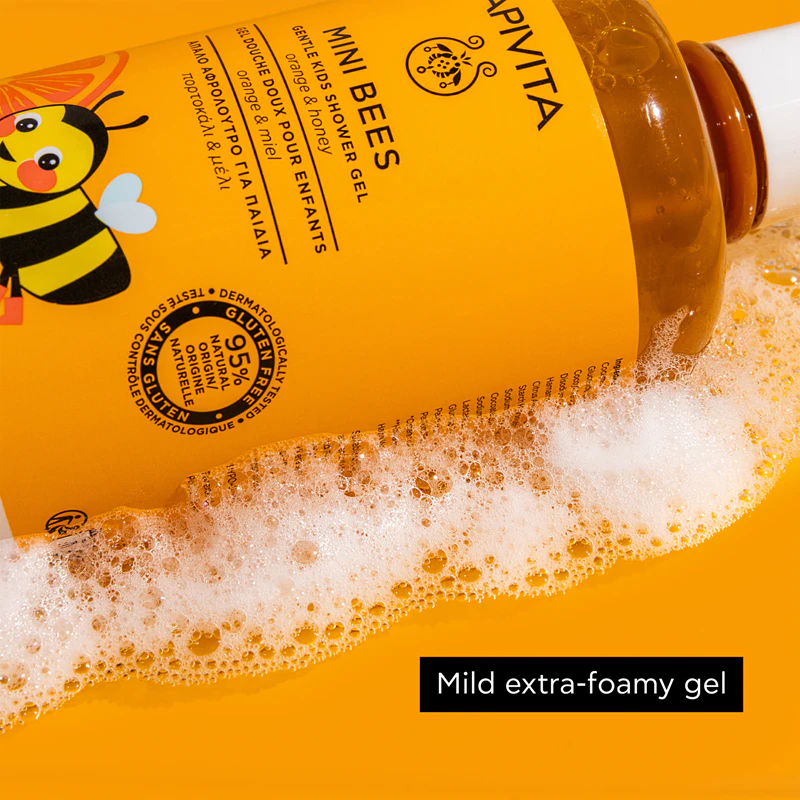 Apivita Mini Bees Gel de Banho Suave Infantil Laranja e Mel, para o corpo e cabelo das crianças.