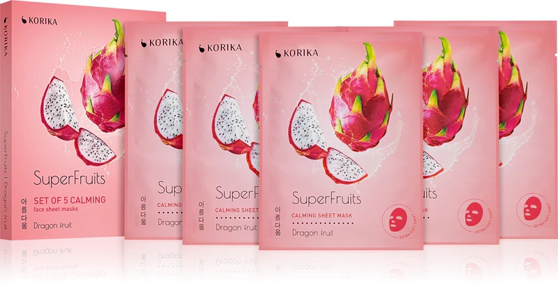 KORIKA SuperFruits Zmajev sadež - Komplet 5 pomirjujočih mask za obraz komplet mask za obraz po znižani ceni s pomirjujočim učinkom Zmajev sadež