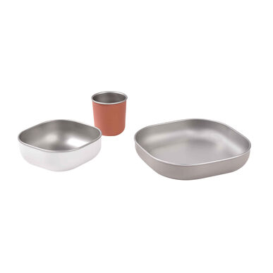 Juego de vajilla de acero inoxidable Béaba para bebés de 4 meses, color terracota, 1 unidad.