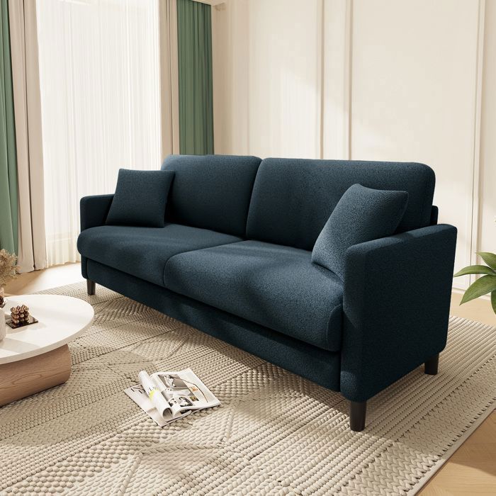 Canapé 2 Places en Velours Teddy Bleu Gris pour Salon,Canapé Scandinave avec 2 coussins comfortable,pieds en bois,165×78×85CM