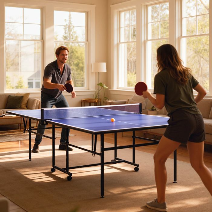 Table tennis table - SPORTNOW - compact folding ping-pong table with 4 wheels for indoor use - wood - 274x152.5x75.5cm - blue