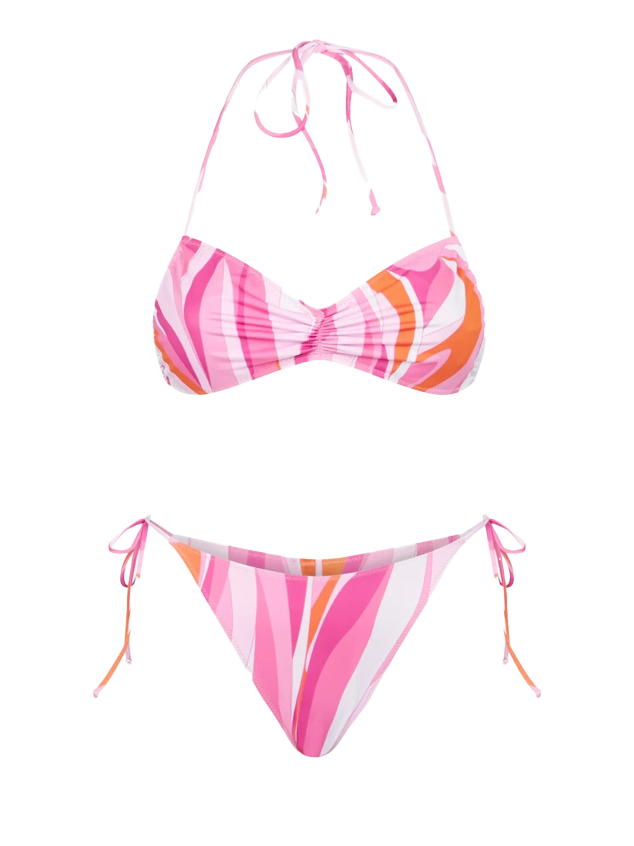 Damesbandeaubikini met golvende print en bedeltjes.