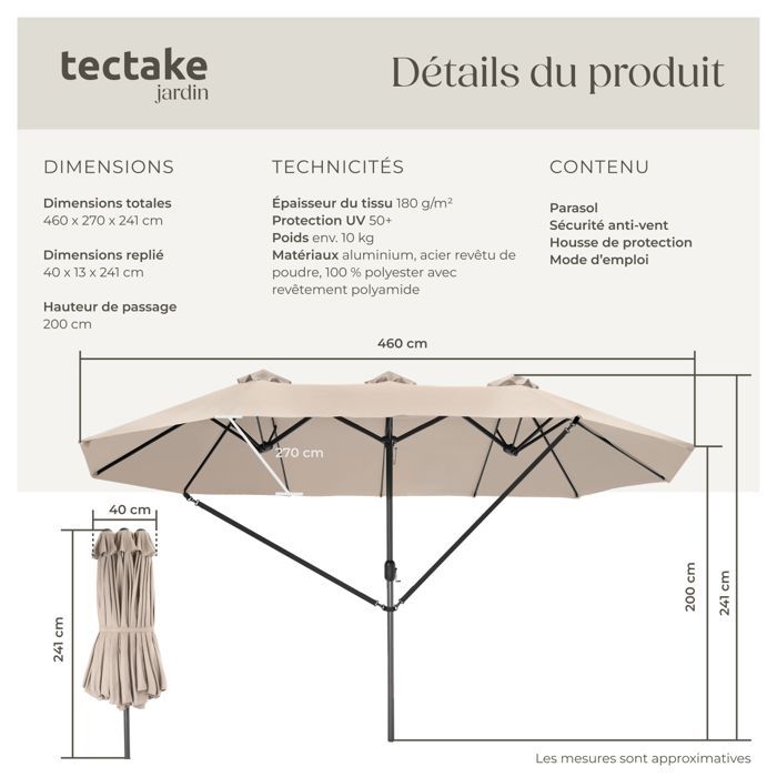Parasol - TECTAKE - Ombrelle SILIA en aluminium réglable en hauteur 460 x 270 cm avec protection UV - Beige