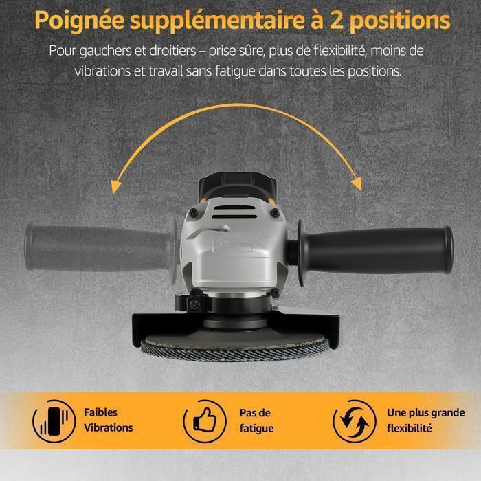 Amoladora angular eléctrica inalámbrica de 125 mm - Amoladora de disco sin escobillas de 21 V - 3 velocidades - 2 baterías de 3 Ah - Incluye 4 discos de amolar
