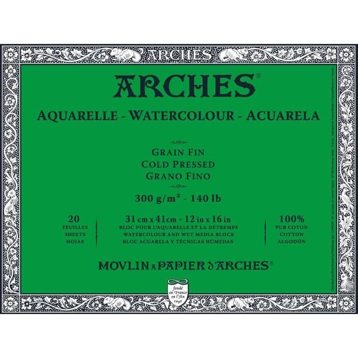 Bloc Aquarelle - Arches - 20 Feuilles - 31x41cm - 300g - Grain Fin - Blanc Naturel