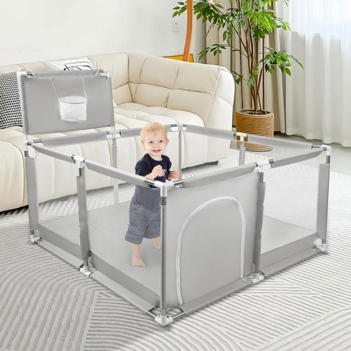 Parc Bebe - XUANYU - Parc Enfant - Grand Parc Bebe avec Barrières +Basketball Rack+50 Balles - 126*126*66cm -  Gris clair