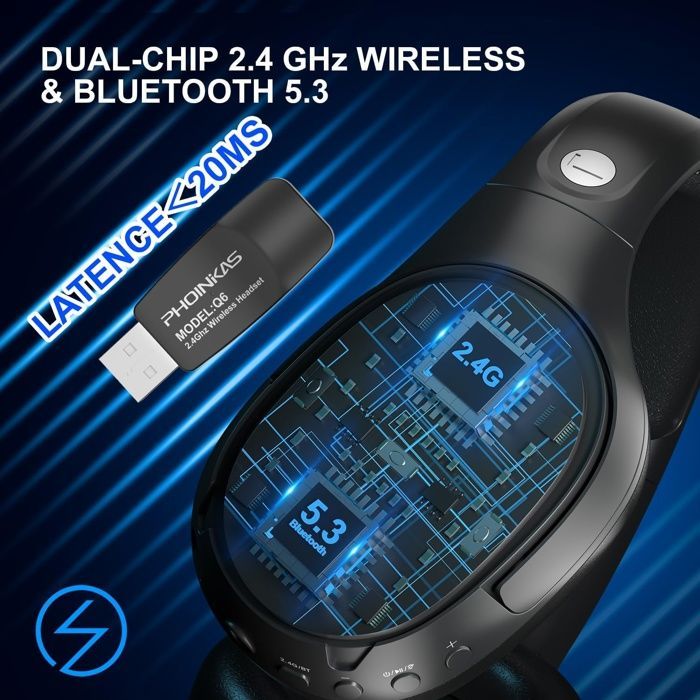 Casque sans fil Bluetooth 5.3 à double puce, microphone antibruit, lumière LED, pour PC/PS4/PS5/TV/Switch, noir
