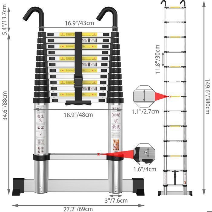 3,8 m telescopische aluminium ladder met stabilisatiestang en afneembare haken, draagvermogen 150 kg
