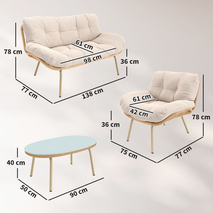 Conjunto de muebles de jardín de resina y mimbre - Outsunny - Cojines de 12 cm de grosor, sofá de 138 cm, 2 sillones y mesa - Beige