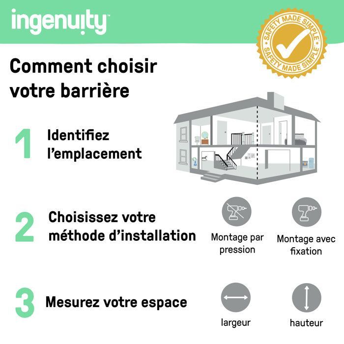 INGENUITY Barrière de sécurité sans perçage- Easy Install- de 73 à 80 cm - pression, sans vis ni perçage, enfant, bebe, escalier