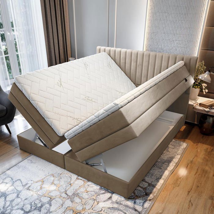 Lit adulte ADÈLE - ensemble matelas+sommier relaxation électrique - 140x200 cm - velours beige