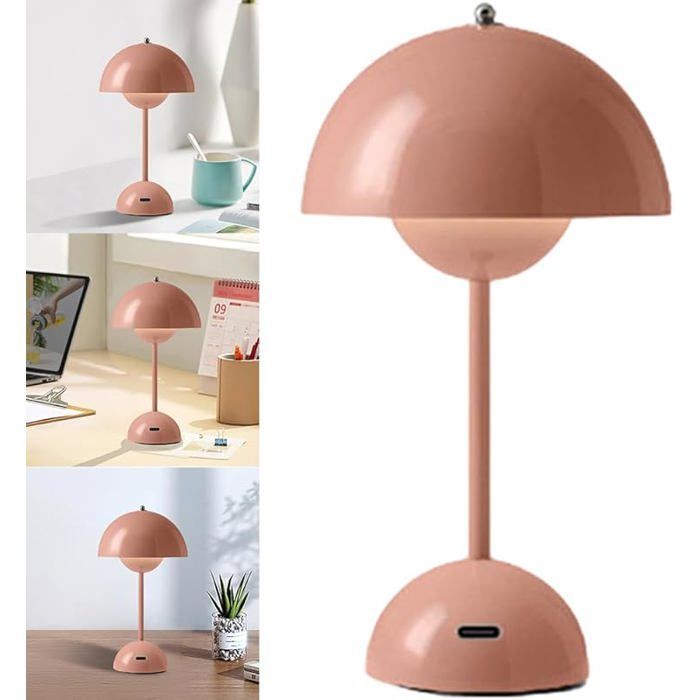 LED Flower Pot Table Lamp, Wireless Rechargeable Bedside Lamp, Dimmable Touch Mushroom Lamps with 3 Brightness Pink