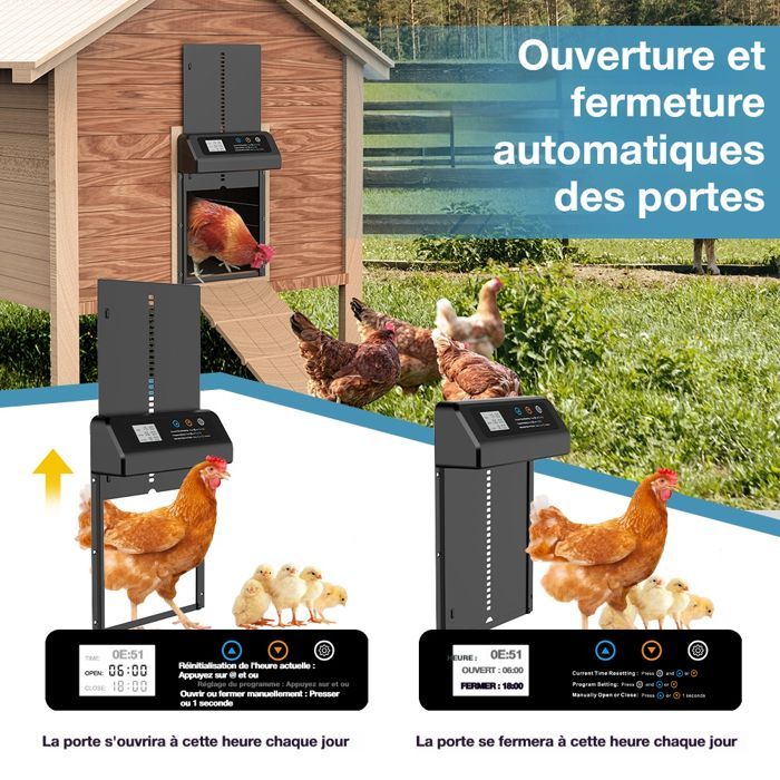 Porta automática para galinheiro - LANTHOUR - LCD programável - Moldura ampliada - Proteção antiesmagamento - Liga de alumínio durável
