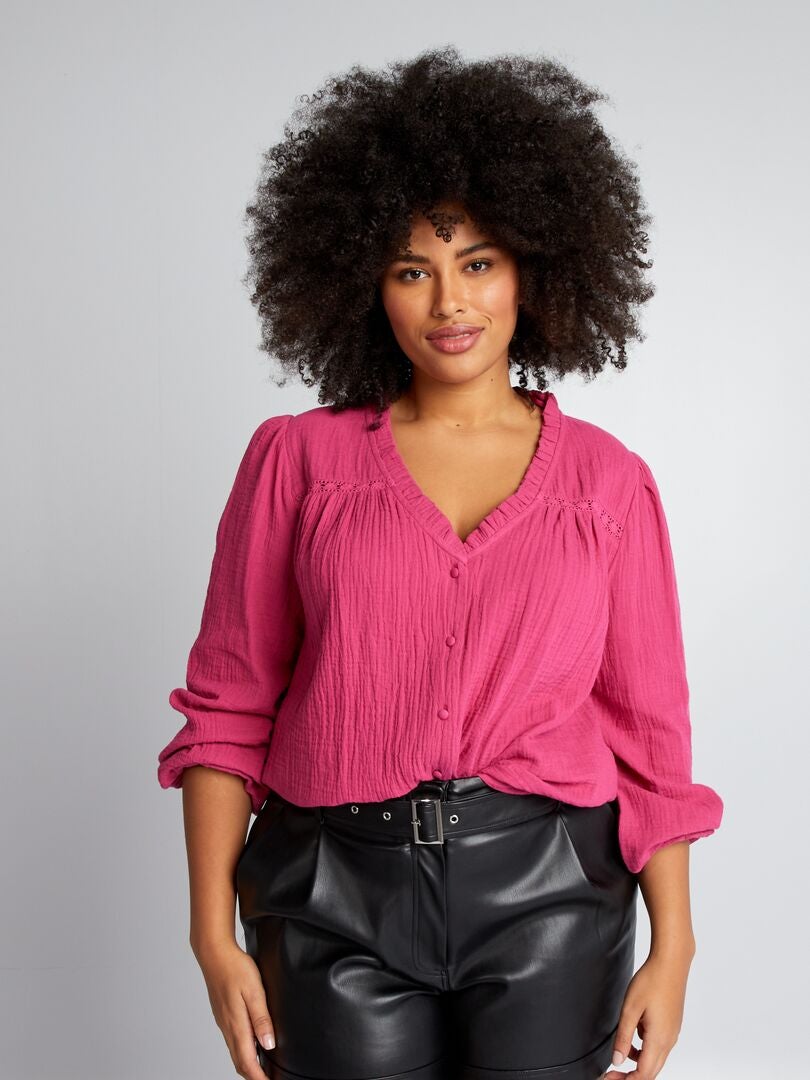 Blouse van katoenen gaas met rucheskraag - ROZE