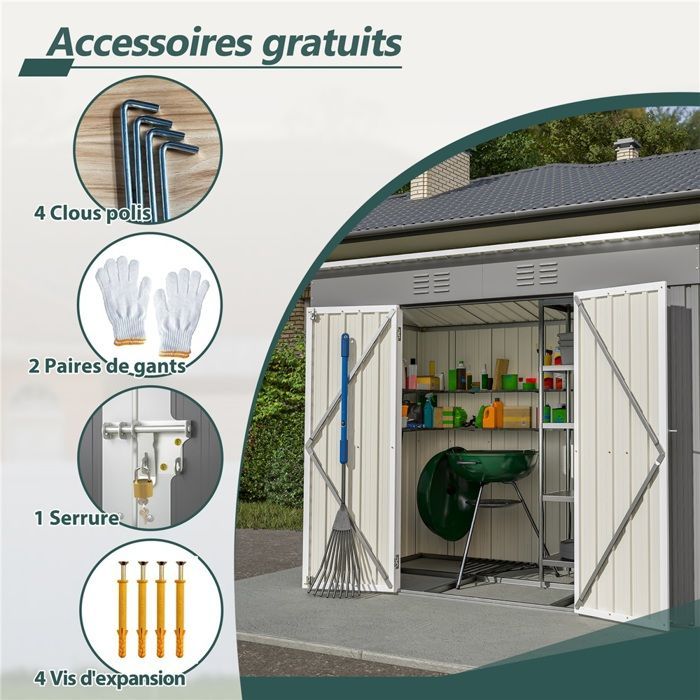 Kimfead Abri de Jardin Métal 2,54 m² - Cabane d'Outils 238x131x181 cm avec Fondation et Double Porte Coulissante