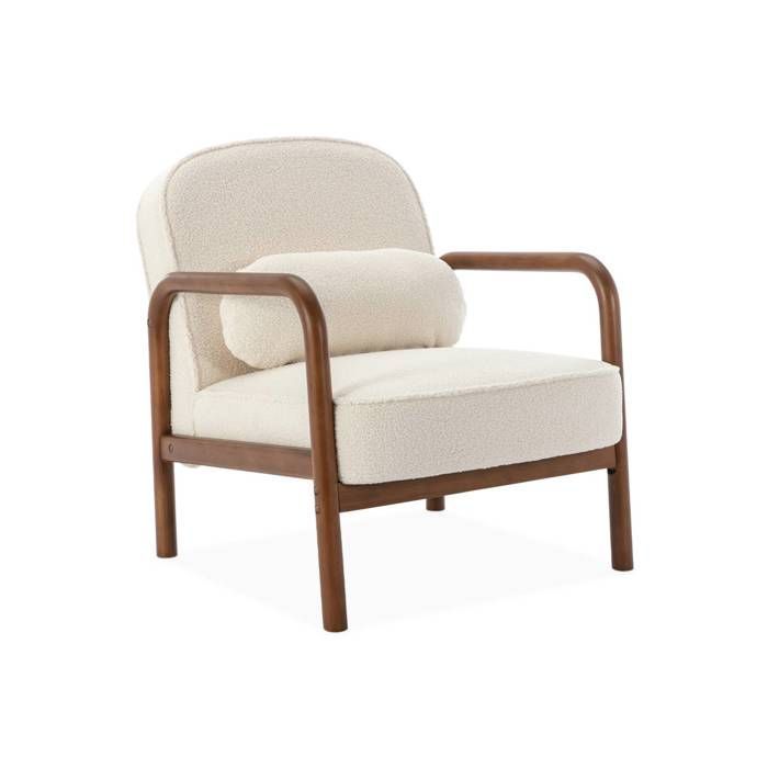 AMELIE Scandinavische fauteuil van licht walnootkleurig rubberhout en boucléstof.