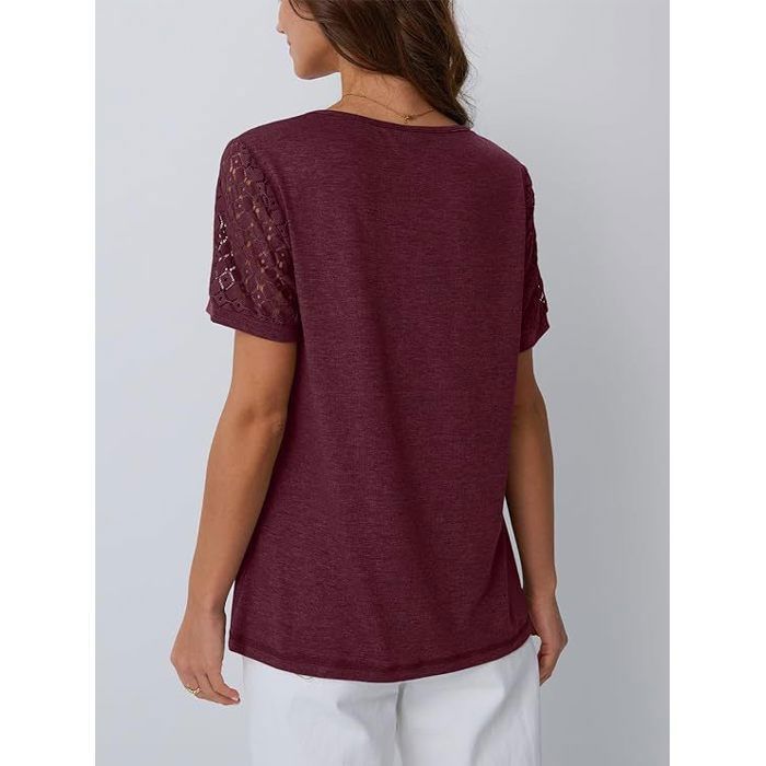 T-Shirt Femme Col Rond Manches courtes Elegant Confortable,Bordeaux