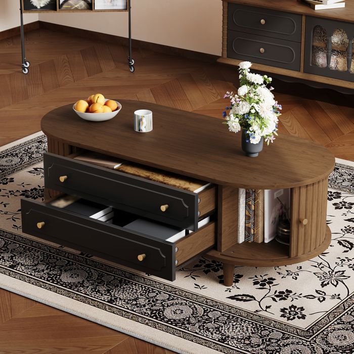 Table basse moderne avec deux tiroirs 100 x 50 x 36 cm Table de salon à 4 pieds avec porte coulissante Noyer et Noir