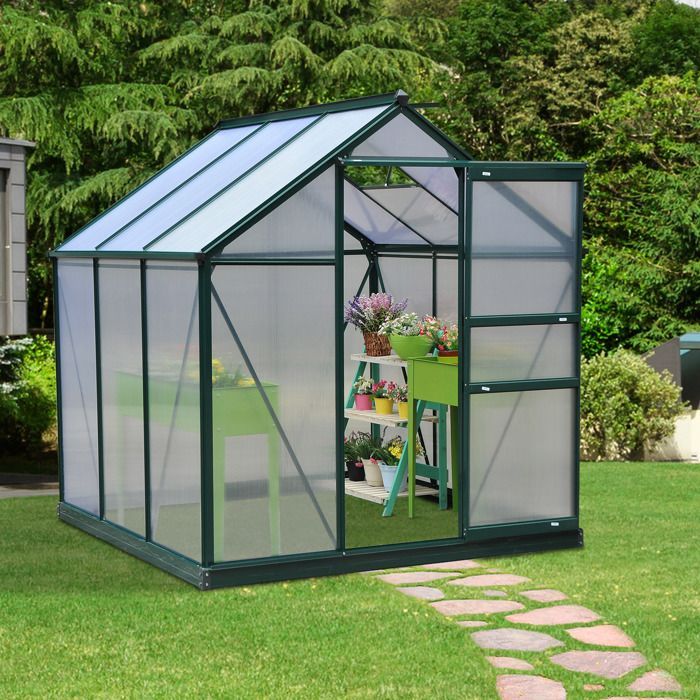 Invernadero de policarbonato para jardín - Outsunny - Resistente a los rayos UV 30+ - con base reforzada - 190 x 192 x 201 cm - Verde oscuro