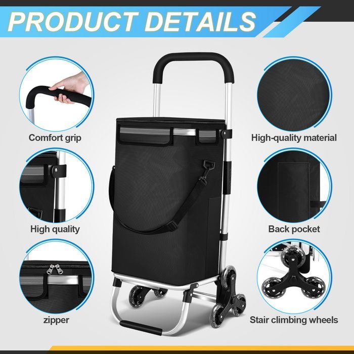 Daromigo 6-wielige boodschappenwagen, 40 liter, 3-in-1 opvouwbaar, geïsoleerd compartiment, handvat, zwart