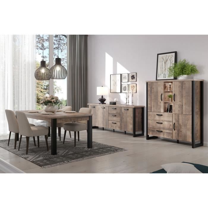Table à manger fixe EMILE 6 personnes - Mélamine chêne brun tabac et noir mat - L160 x P90 x H77 cm - TRENDTEAM