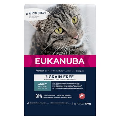 20 kg Eukanuba getreidefreies Trockenfutter für Katzen mit Lachsanteil – 16 kg + 4 kg gratis!*