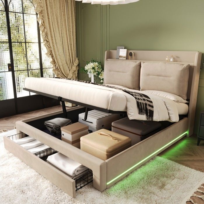 Cama con almacenamiento - TKOPY - Cama doble para adultos de 180x200 cm con iluminación LED y 2 cabeceros - Cama tapizada con cajones y espacio de almacenamiento - Terciopelo beige