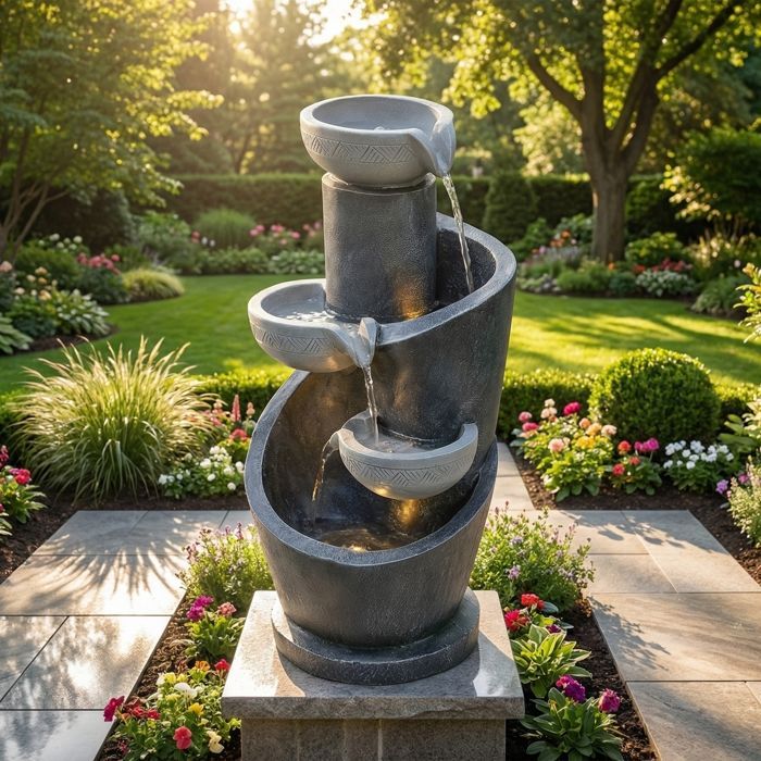 Fontaine de Jardin avec éclairage LED, Pompe à Eau, Revêtement Extérieur en Pierre Artificielle et Bassin Décoratif, Résine, Gris
