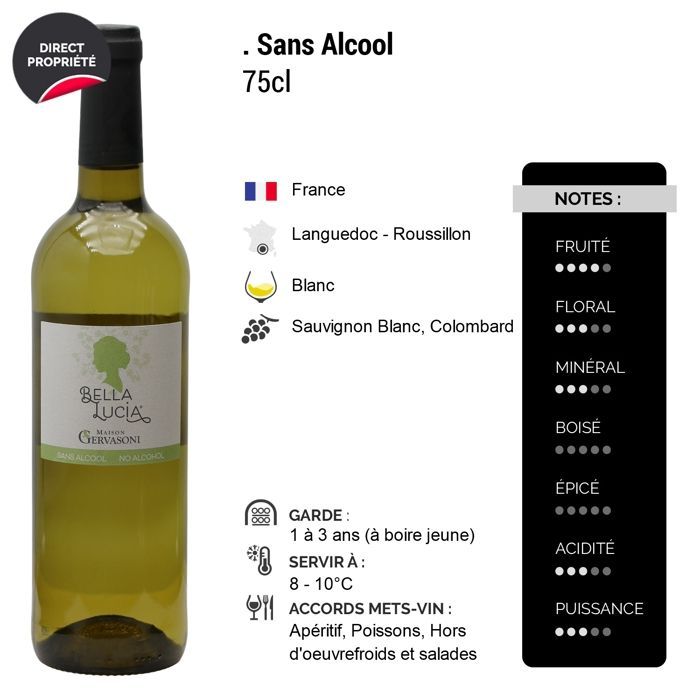 Maison Gervasoni Alcohol Free Bella Lucia - White Wine from Languedoc - Roussillon (6x75cl) Alcohol Free