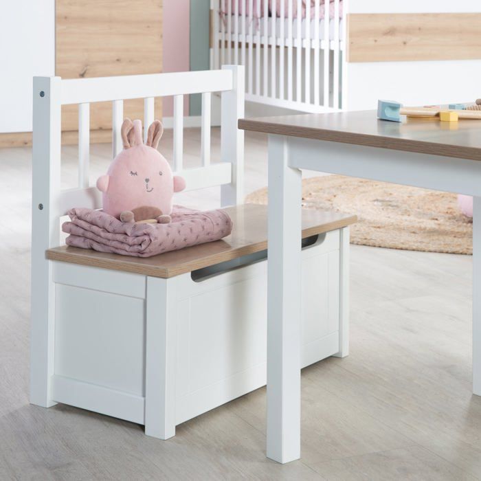 ROBA Banc Coffre à Jouets Woody pour Enfant - Meuble de Rangement en Bois 2 en 1 - Fermeture Douce - Blanc / Aspect Bois
