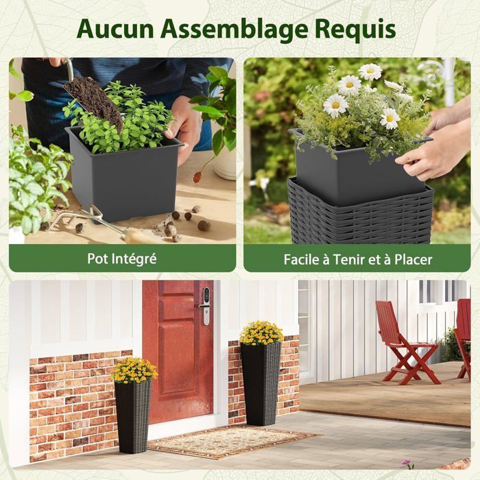 COSTWAY Set of 2 Flower Pots, Removable Inner Trays, Drainage Holes, Decorative Wicker Vegetable Planter Table in PP Rattan, Black