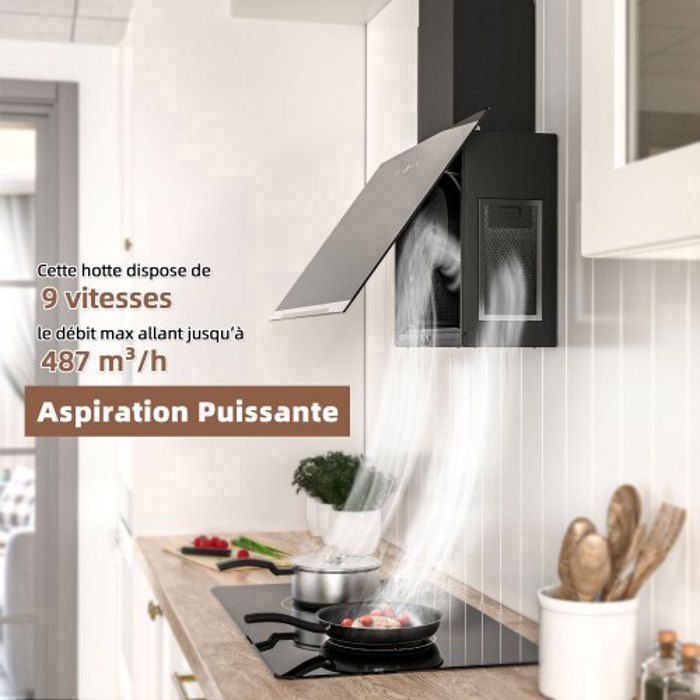 FIREGAS 60cm Cooker Hood, Class A+, 487 m³/h, Extraction or Recirculation, with Carbon Filters, Black Wall Mounted Hood