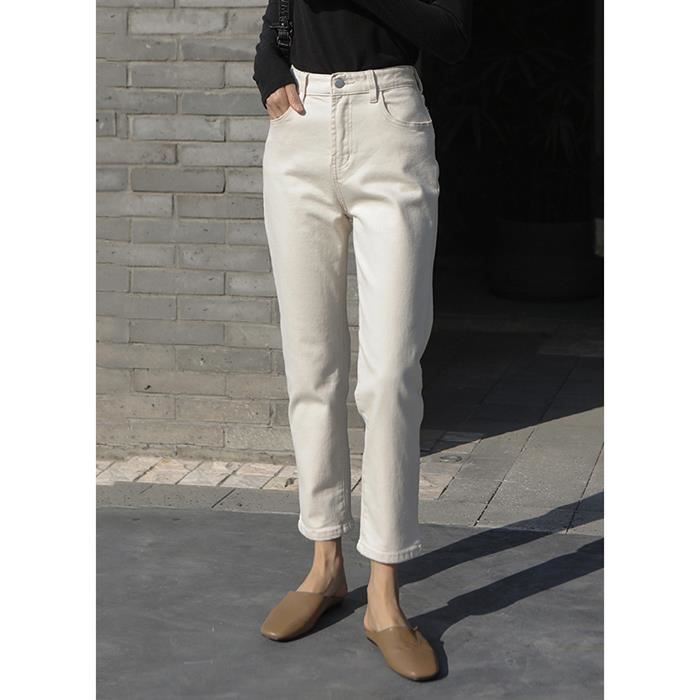 Pantalones vaqueros de mujer - FUNMOON - Pierna recta informal - Tiro medio - Beige - Cálido